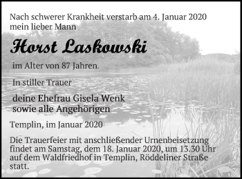 Traueranzeige von Horst Laskowski von Templiner Zeitung