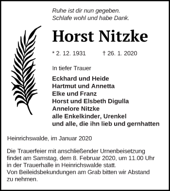 Traueranzeige von Horst Nitzke von Haff-Zeitung