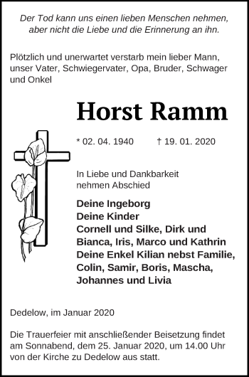 Traueranzeige von Horst Ramm von Prenzlauer Zeitung