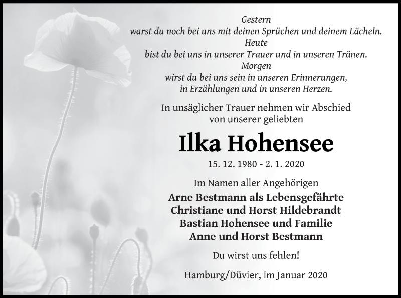  Traueranzeige für Ilka Hohensee vom 08.01.2020 aus Vorpommern Kurier