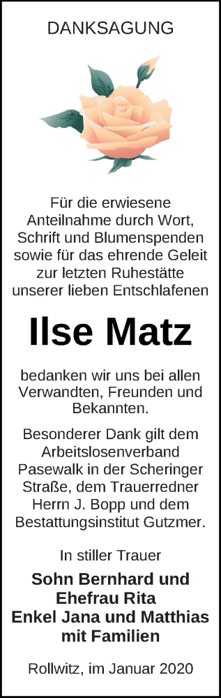 Traueranzeige von Ilse Matz von Pasewalker Zeitung