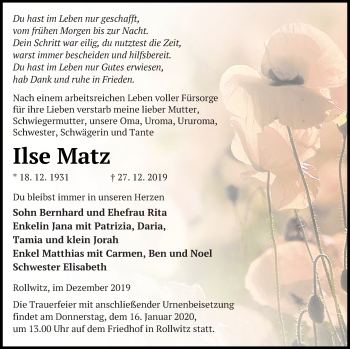 Traueranzeige von Ilse Matz von Pasewalker Zeitung