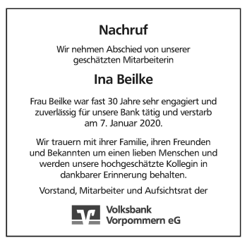 Traueranzeige von Ina Beilke von Vorpommern Kurier