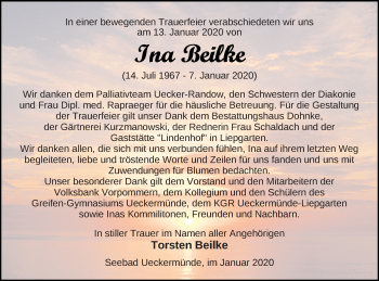 Traueranzeige von Ina Beilke von Vorpommern Kurier