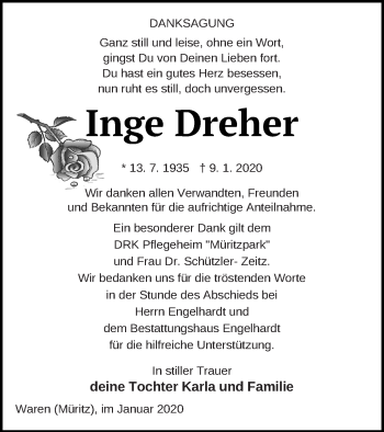 Traueranzeige von Inge Dreher von Müritz-Zeitung