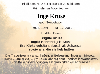 Traueranzeige von Inge Kruse von Müritz-Zeitung