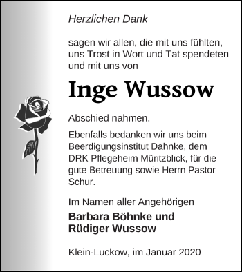 Traueranzeige von Inge Wussow von Müritz-Zeitung