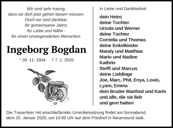 Traueranzeige von Ingeborg Bogdan von Pasewalker Zeitung