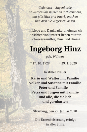 Traueranzeige von Ingeborg Hinz von Pasewalker Zeitung