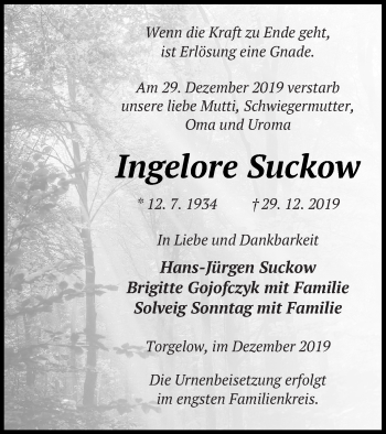 Traueranzeige von Ingelore Suckow von Haff-Zeitung