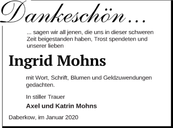 Traueranzeige von Ingrid Mohns von Vorpommern Kurier