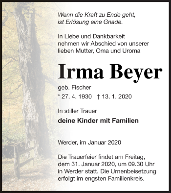 Traueranzeige von Irma Beyer von Neubrandenburger Zeitung