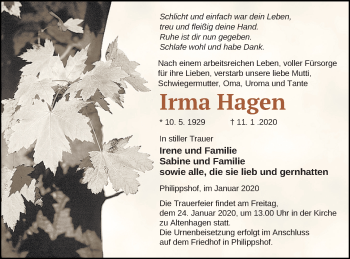 Traueranzeige von Irma Hagen von Demminer Zeitung