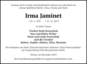 Traueranzeige von Irma Jaminet von Müritz-Zeitung