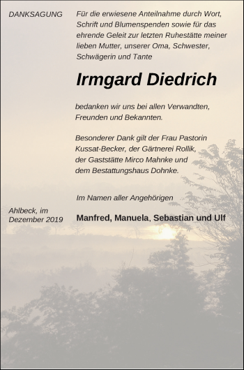 Traueranzeige von Irmgard Diedrich von Haff-Zeitung