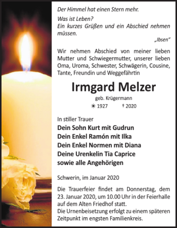 Traueranzeige von Irmgard Melzer von Zeitung für die Landeshauptstadt