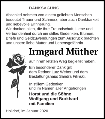 Traueranzeige von Irmgard Müther von Neubrandenburger Zeitung