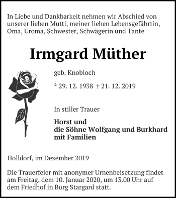 Traueranzeige von Irmgard Müther von Neubrandenburger Zeitung