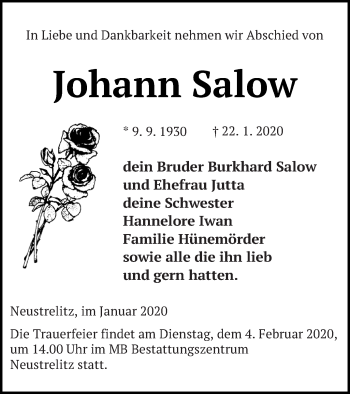 Traueranzeige von Johann Salow von Strelitzer Zeitung