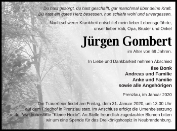 Traueranzeige von Jürgen Gombert von Prenzlauer Zeitung