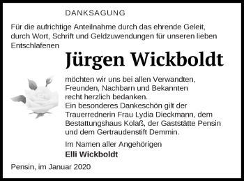 Traueranzeige von Jürgen Wickboldt von Demminer Zeitung