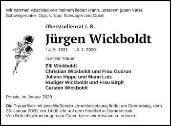 Traueranzeige von Jürgen Wickboldt von Demminer Zeitung