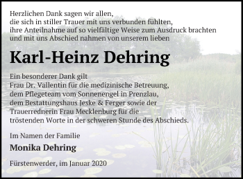 Traueranzeige von Karl-Heinz Dehring von Prenzlauer Zeitung