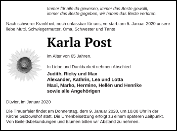 Traueranzeige von Karla Post von Vorpommern Kurier