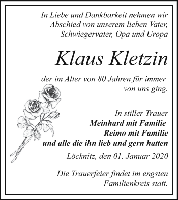 Traueranzeige von Klaus Kletzin von Pasewalker Zeitung