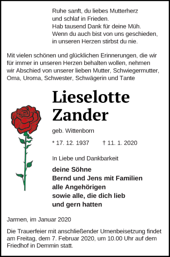 Traueranzeige von Lieselotte Zander von Vorpommern Kurier