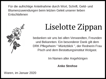 Traueranzeige von Liselotte Zippan von Müritz-Zeitung