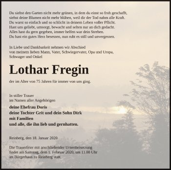 Traueranzeige von Lothar Fregin von Neubrandenburger Zeitung