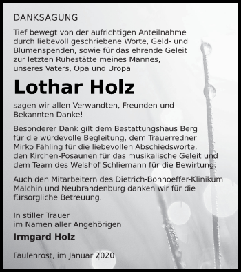 Traueranzeige von Lothar Holz von Mecklenburger Schweiz