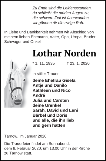 Traueranzeige von Lothar Norden von Neubrandenburger Zeitung