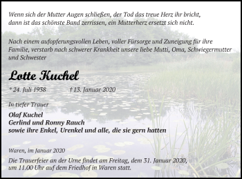 Traueranzeige von Lotte Kuchel von Müritz-Zeitung