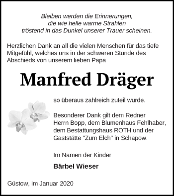 Traueranzeige von Manfred Dräger von Prenzlauer Zeitung