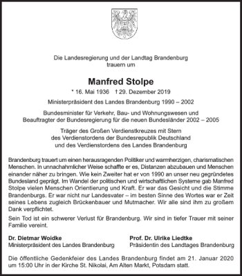 Traueranzeige von Manfred Stolpe von Der Prignitzer