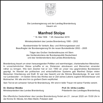 Traueranzeige von Manfred Stolpe von Uckermark Kombination