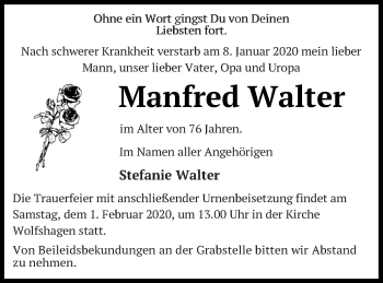 Traueranzeige von Manfred Walter von Strelitzer Zeitung