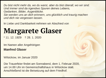 Traueranzeige von Margarete Glaser von Pasewalker Zeitung