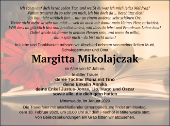 Traueranzeige von Margitta Mikolajczak von Templiner Zeitung