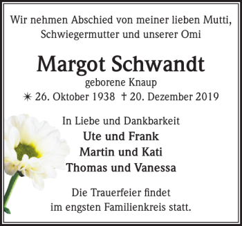 Traueranzeige von Margot Schwandt von Zeitung für die Landeshauptstadt