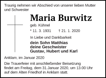 Traueranzeige von Maria Burwitz von Vorpommern Kurier