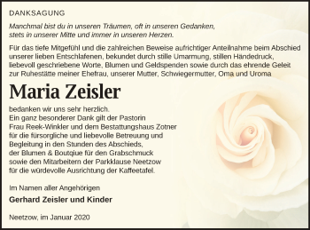 Traueranzeige von Maria Zeisler von Vorpommern Kurier