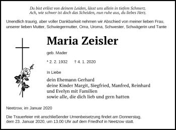 Traueranzeige von Maria Zeisler von Vorpommern Kurier