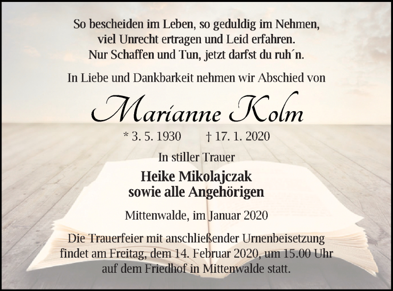  Traueranzeige für Marianne Kolm vom 24.01.2020 aus Templiner Zeitung