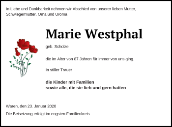 Traueranzeige von Marie Westphal von Müritz-Zeitung
