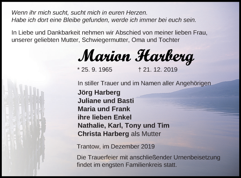  Traueranzeige für Marion Harberg vom 07.01.2020 aus Vorpommern Kurier