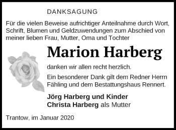 Traueranzeige von Marion Harberg von Vorpommern Kurier