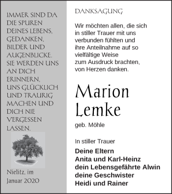 Traueranzeige von Marion Lemke von Vorpommern Kurier